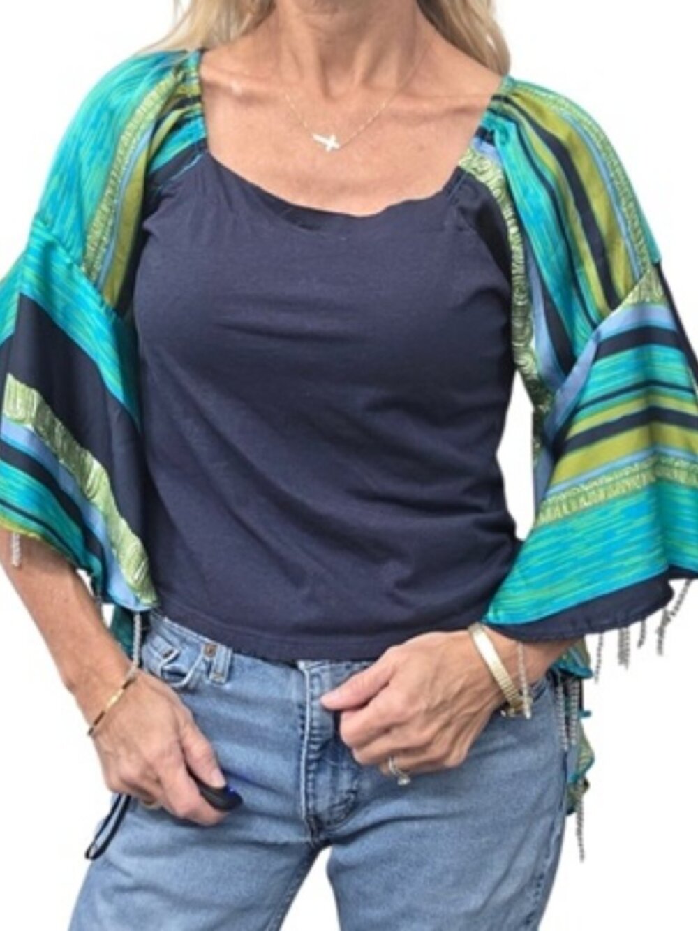 Tiny Anthropologie S Beaded Flutter Sleeve Boho Top Navy Blue Cotton